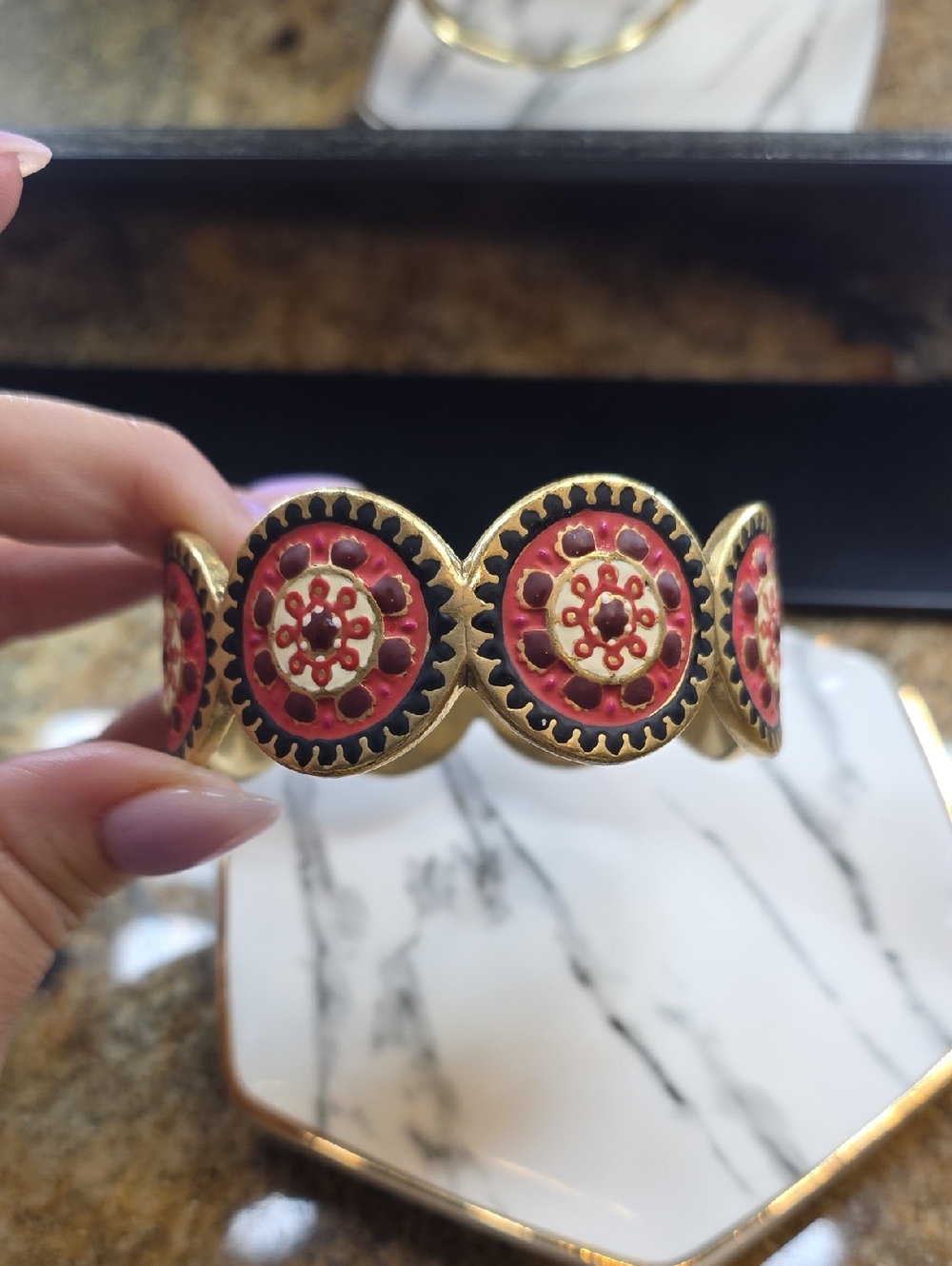 Lucky Brand Gold-Tone Cuff Bracelet with Red and Cream Medallions